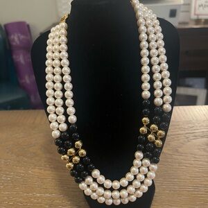 Triple Strand Faux Pearl Necklace Black Gold Accent Statement Piece